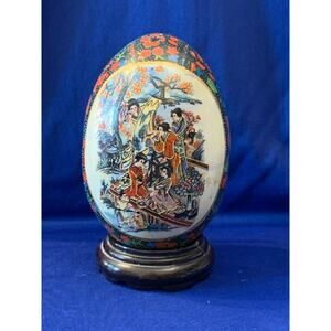 Vintage Ceramic Asian Painted Egg on Wooden Base